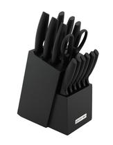 Jogo de Facas 14 Peças Aço Inox Preto com Suporte em Madeira