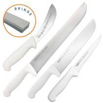 Jogo de Facas 5 Pçs Mundial Desossa Tira Couro Inox + Pedra de Afiar Para Açougue Churrascaria