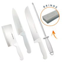 Jogo de Facas 5 Peças Mundial Chaira Estriada Cutelo Inox + Pedra de Afiar Para Açougue Jogo de Facas 5 Peças Mundial Chaira Estriada Cutelo Inox + Pedra de Afiar Para Açougue