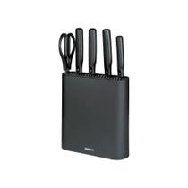 Jogo de Facas 6 Peças com Cepo Aço Inoxidável e ABS na cor Preto Linha Action Brinox