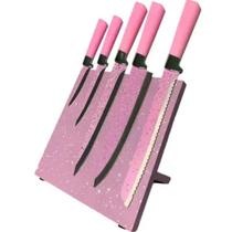 Jogo de Facas Aço Inox com 5 Peças com Base Imantada Cor Respingada Rosa Color Box Cim Jogo de Facas Aço Inox com 5 Peças com Base Imantada Cor Respingada Rosa Color Box Cim