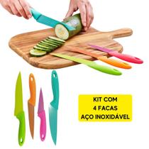 Jogo De Facas Coloridas Em Aço Inox Cozinha Churrasco Legumes Conjunto Kit 4 Peças Gourmet Knife Cabo Antiaderente - SQ