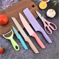 Jogo De Facas Coloridas Tesoura 6 Peças Kit Cozinha Chef Aço Inox