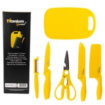 Jogo de Facas Cozinha Prime 7 Peças Titanium Platina com Tábua de Corte e Porta Facas Jogo de Facas Cozinha Prime 7 Peças Titanium Platina com Tábua de Corte e Porta Facas