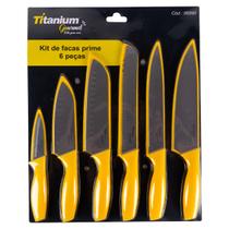 Jogo de Facas de Cozinha Profissional 6 Peças Titanium Gourmet em Aço Inox Antiaderente Jogo de Facas de Cozinha Profissional 6 Peças Titanium Gourmet em Aço Inox Antiaderente