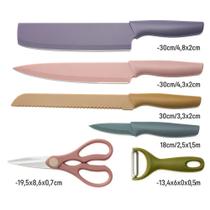 Jogo De Facas Gourmet Colorida + Tesoura e Descascador 06 Peças EVDRTVERH