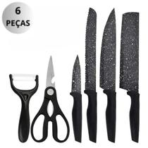 Jogo De Facas Kit 6 Peças Conjunto Inox Gourmet Antiaderente Churrasco Cozinha Preto