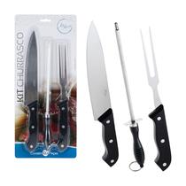 Jogo de Facas Kit Churrasco Cozinha Faqueiro Conjunto 3 Peças