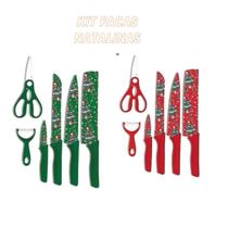Jogo de Facas Natalinas Kit 6 Peças Culinárias Celebração Magia de Natal Tesoura Descascador Mesa Posta com Elegância Celebre com Charme Sortidos