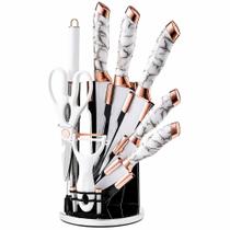 Jogo de Facas Premium 9 Peças em Aço Inoxidável com Suporte Giratório Mármore Branco e Rose Gold Jogo de Facas Premium 9 Peças em Aço Inoxidável com Suporte Giratório Mármore Branco e Rose Gold