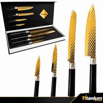 Jogo de Facas Profissional 4 Peças Titanium Gourmet em Aço Inox com Maleta e Cabo Soft Touch