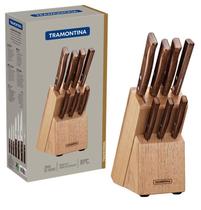 Jogo de facas tradicional com laminas em aço inox e cabos madeira natural com suporte 8pc tramontina