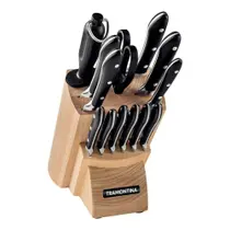 Jogo De Facas Tramontina Em Aço Inox Cabo Em Policarbonato Com Suporte/cepo Em Madeira 14 Peças