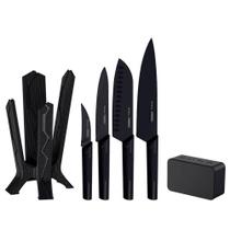 Jogo de Facas Tramontina Nygma Lâminas Inox e Cabos Polipropileno Preto Suporte e Caixa de Som 6 Pçs