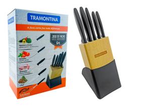 Jogo de Facas Tramontina Plenus com Lâminas em Aço Inox Cabos de Polipropileno Preto e Suporte de Madeira 6 Peças