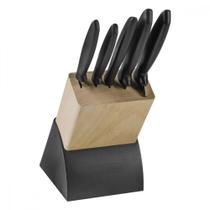 Jogo de Facas Tramontina Plenus com Laminas em Aço Inox Cabos de Polipropileno Preto e Suporte de Madeira 6 Peças