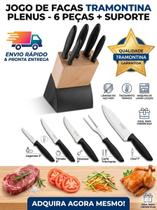 Jogo de Facas Tramontina Plenus com Suporte Madeira 6 Peças Inox Original Kit Facas Cozinha Churrasco Profissional Com Noita Fiscal Envio Imediato Jogo de Facas Tramontina Plenus com Suporte Madeira 6 Peças Inox Original Kit Facas Cozinha Churrasco Profissional Com Noita Fiscal Envio Imediato