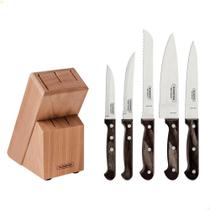 Jogo de Facas Tramontina Polywood Lâmina Inox Cabo Madeira Tratada Castanho C/Suporte Madeira 6Pçs