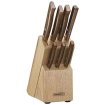 Jogo de facas tramontina tradicional com lâminas em aço inox e cabos em madeira natural com suporte 8 peças 22299026