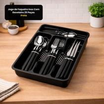 Jogo De Faqueiro Inox Com Gaveteiro 25 Peças Preto Compacto Prático Resistente Durável Organização Cozinha Moderna Fácil Uso Higiene Elegância