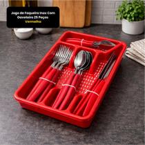 Jogo De Faqueiro Inox Com Gaveteiro 25 Peças Vermelha Compacto Prático Resistente Durável Organização Cozinha Moderna Fácil Uso Higiene Elegância