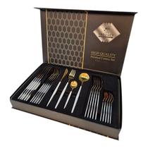Jogo De Faqueiro Maleta Luxo Slim Branco C Dourado Inox 24Pç Jogo De Faqueiro Maleta Luxo Slim Branco C Dourado Inox 24Pç