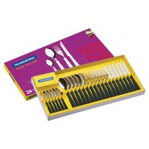 Jogo de Faqueiro New Kolor 24 peças Utensilios de mesa Cutelaria Tramontina Premium Luxo Conjunto de Talheres Aço Inox Facil de limpar Kit de Cutelaria para Refeições em Família Presente Moderno para Máquina de Lavar Louças Garfo Facas Colheres Mesa de Jantar de corte de servir