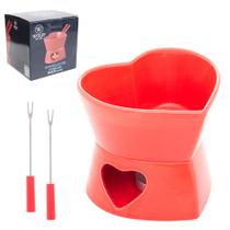 Jogo De Fondue De Porcelana Coração Com 2 Garfos + Panela + Suporte E Vela Vermelho Wolff Gourmet 400ml
