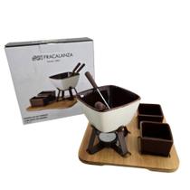 Jogo de fondue metal e cerâmica base de bambu 8 peças