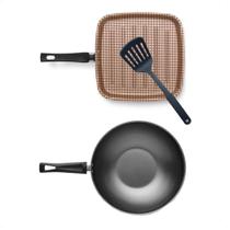 Jogo de Frigideira Wok Grafite 28Cm 4,3L + Panela Grill Bistequeira Flora 1,1L Cereja + Espátula Nylon Vazada Preta - MTA