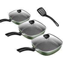 Jogo De Frigideiras Antiaderente Quadrada Verde 3 Peças Funda Com Tampa De Vidro Clear Coat Patolux