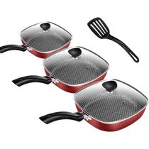 Jogo De Frigideiras Antiaderente Quadrada Vermelha 3 Peças Funda Com Tampa De Vidro Clear Coat Patolux