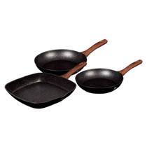 Jogo de Frigideiras + Grelhador 3 pçs Panelas Antiaderente Grelha Grill Turbo Indução Cooktop Utensílios Cozinha Receitas Culinária Berlinger Haus