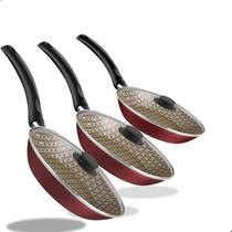 Jogo de frigideiras tramontina 3 peças antiaderente com tampa starflon max