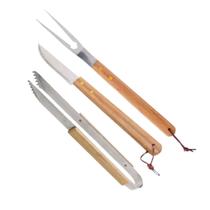 Jogo de Garfo, Faca e Pinça de Churrasco Profissional Corte Aço Inox Cabo Bambu Açougueiro 37cm Lyor