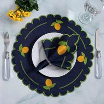 Jogo De Guardanapos Sousplat Americano 12 Peças Bordado Decorativo - Limão Siciliano Azul Marinho Jogo De Guardanapos Sousplat Americano 12 Peças Bordado Decorativo - Limão Siciliano Azul Marinho