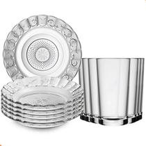 Jogo de Jantar 12 Peças de Vidro 6 Pratos 6 Copos Design Elegante com Alto Relevo Jogo de Jantar 12 Peças de Vidro 6 Pratos 6 Copos Design Elegante com Alto Relevo