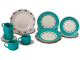 Jogo de jantar 20 pc floral le cousine green ceramica alto brilho