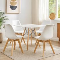 Jogo De Jantar Mesa Eiffel Eames 80cm MDF e 04 Cadeiras Leda Wood Cor Branco