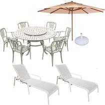 Jogo de Jardim com Mesa Giratória 6 Cadeiras, Ombrelone e Espreguiçadeiras Piscina
