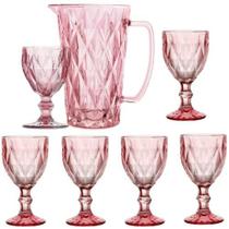 Jogo De Jarra 1 L Com 6 Taças 260ml Rosa Diamond Ke Home