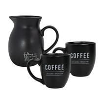 Jogo De Jarra Cerâmica Para Leite Café Manhã Com 2 Canecas Preta 300ml