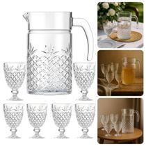 Jogo De Jarra Com 6 Taças Vidro Relevo Elegante Decoradas