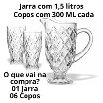 Jogo de Jarra de Vidro com 6 Copos para Água Suco Refrigerante Luxo Cozinha