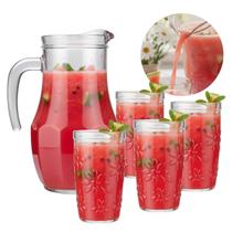 Jogo de Jarra e Copos de Vidro 5 Peças 1,5L Transparente Com Relevo Utensílios Cozinha Para Bebidas Suco Água Mesa Posta Bar Jogo de Jarra e Copos de Vidro 5 Peças 1,5L Transparente Com Relevo Utensílios Cozinha Para Bebidas Suco Água Mesa Posta Bar