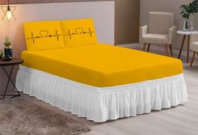 jogo de lençol 03 peças estampado cardiaco todo amarelo casal queen