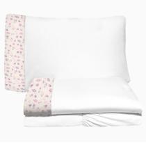 Jogo de Lençol 3 Peças Berço Americano 70x130cm Foguete Rosa Brilha Malha Branca 100% Algodão Arrumadinho Enxovais