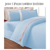 Jogo de Lençol 3 Peças Box Conjugado Unibox Solteiro Bordado Inglês Azul Arrumadinho Enxovais