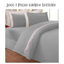 Jogo de Lençol 3 Peças Box Conjugado Unibox Solteiro Bordado Inglês Cinza Arrumadinho Enxovais