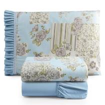 Jogo De Lençol Afrodite Solteiro 3 Pçs Algodão 180 Fios Estampado Floral - Azul